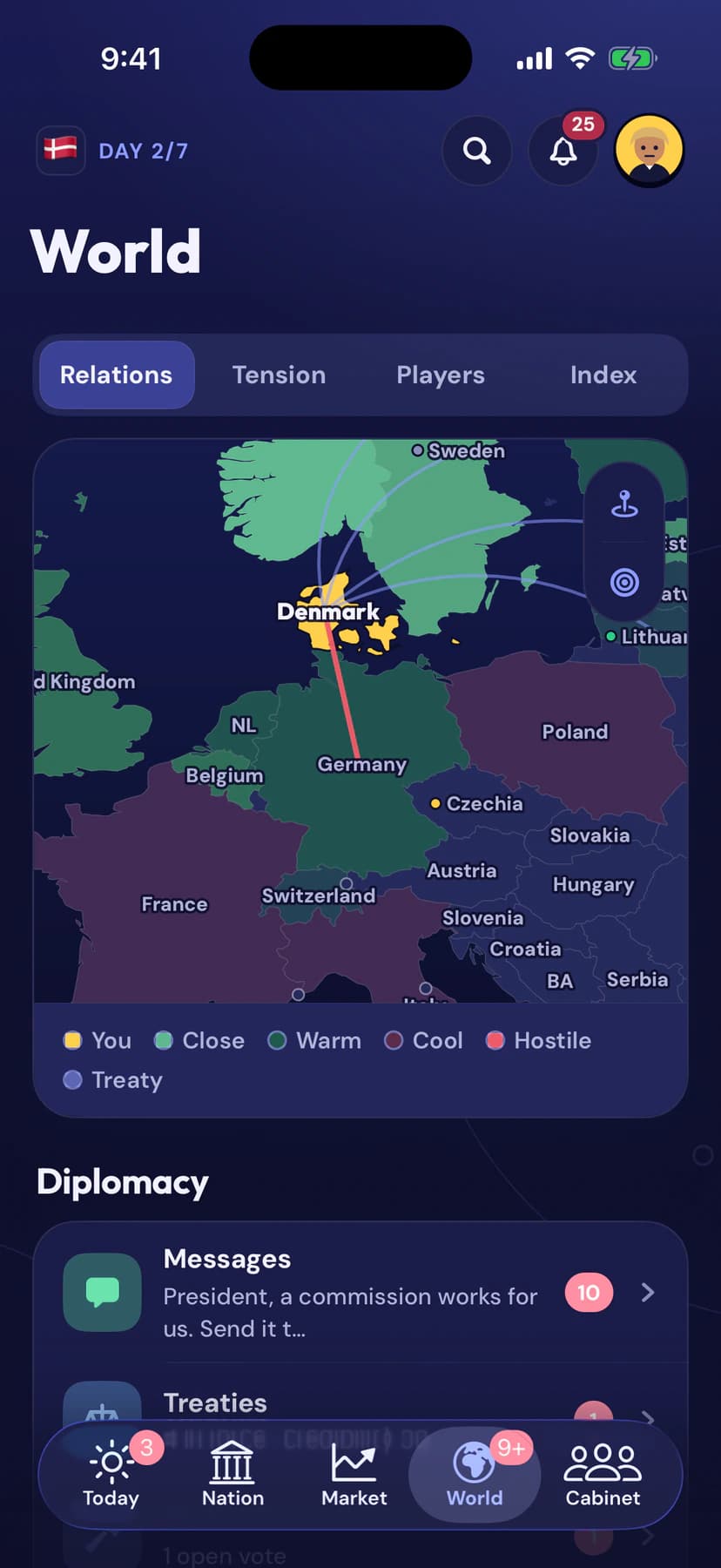 Presidential: the World tab with a relations map