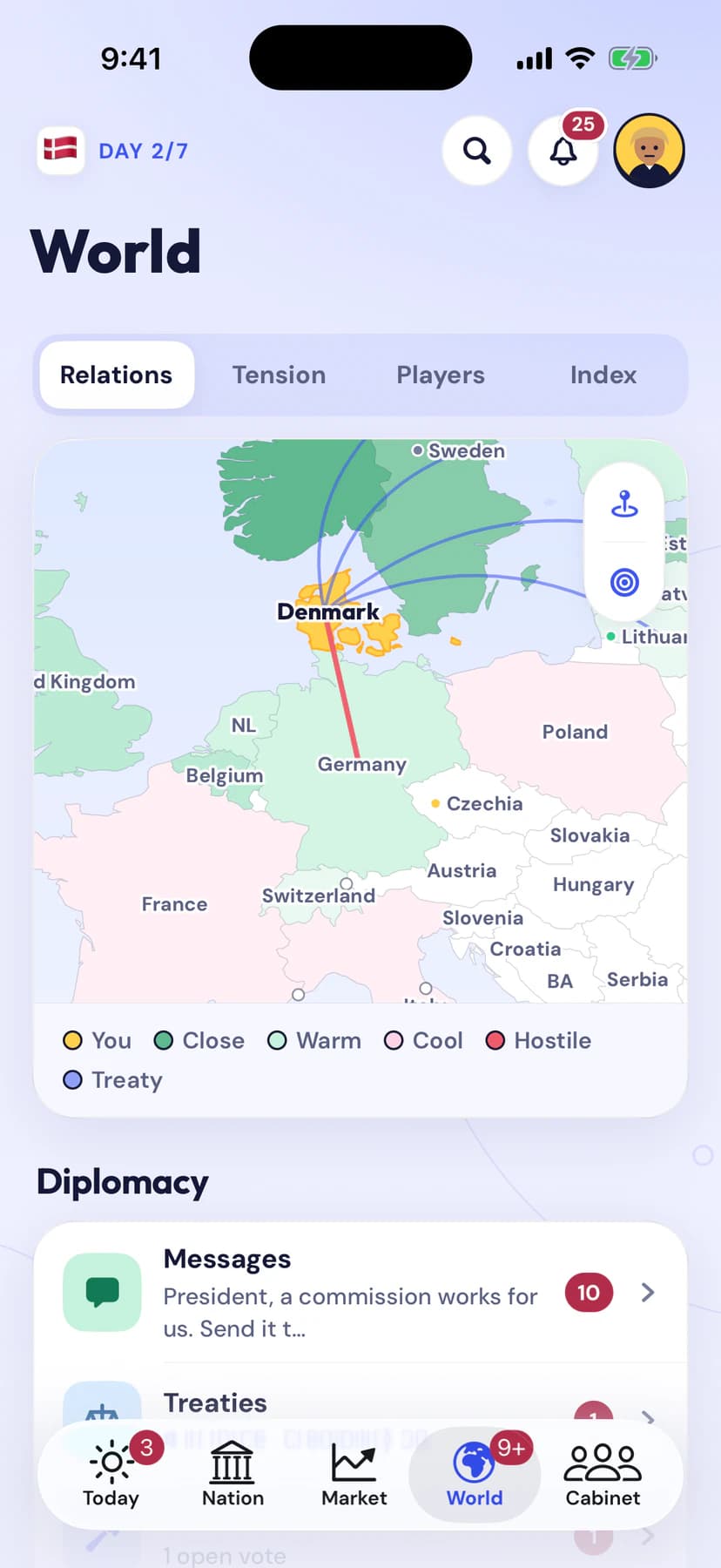 Presidential: the World tab with a relations map